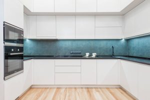 Blue quartz worktops in contemporary kitchen