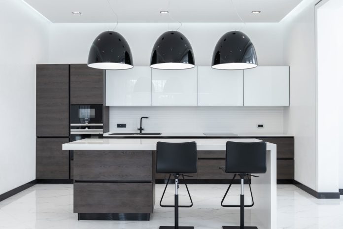 White quartz worktops with black cabinets